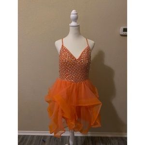Youth sparkly dress , 2 layer skirt w/ spaghetti strap and tie up back orange